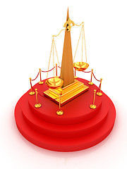 Image showing Gold scales of justice on 3d carpeting podium with gold handrail