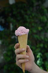 Image showing Hand holding pink ice-cream