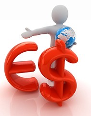 Image showing 3d people - man, person presenting - euro and dollar with global