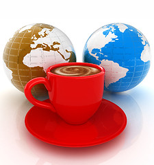 Image showing Mug of coffee with milk. Global concept with Earth