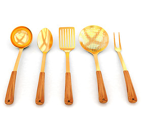 Image showing gold cutlery on white background 