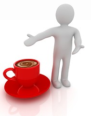Image showing 3d people - man, person presenting - Mug of coffee with milk