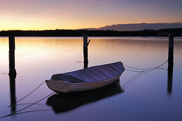 Image showing Sunrise at Woy Woy with little boat and moorings