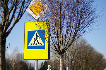 Image showing road sign pedestrian crossing and intersection  