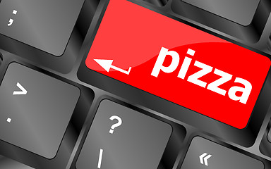 Image showing Computer keyboard with blue pizza word on enter key,