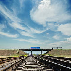 Image showing crossing of railroad to horizon and bridge with car over it