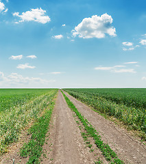 Image showing empty countryside road with green grass and clouds