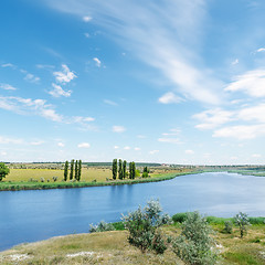 Image showing river in green grass and clouds in blue sky