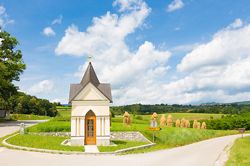 Image showing Traditional hay stacks on the field.