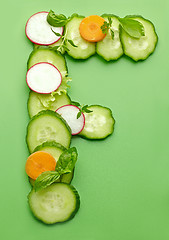 Image showing F letter made of raw vegetables