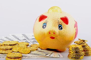 Image showing Piggy bank with coins and banknotes