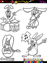 Image showing rabbits musicians set cartoon coloring book