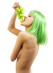 Image showing green hair girl with a bunch of grapes