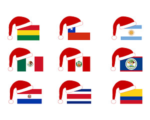 Image showing Flag of nine countries with Santa Claus cap