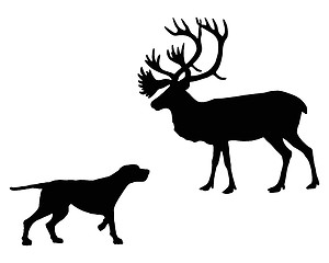Image showing Two animals, setter and caribou meet face to face 