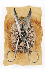 Image showing rock paper and vintage scissors