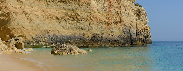 Image showing Colorful rocks on ocean, panorama