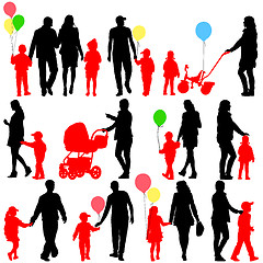 Image showing Black set of silhouettes of parents and children with balloons o