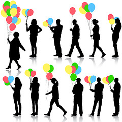 Image showing Black silhouettes of beautiful mans with balloons and womans on 