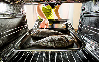 Image showing Cooking Dorado fish in the oven.