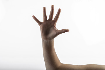 Image showing Young hands makes 5 fingers sign