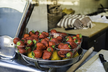 Image showing Bakery in Italy. Bowl of strawberries