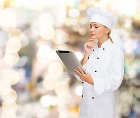 Image showing smiling female chef with tablet pc computer