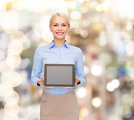 Image showing businesswoman with blank black tablet pc screen