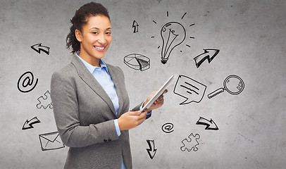 Image showing smiling woman looking at tablet pc