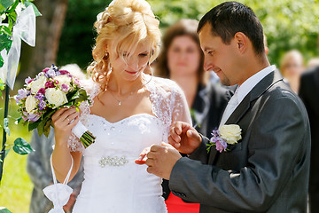 Image showing beautiful young wedding couple exchange wedding rings