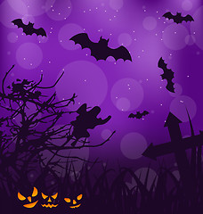 Image showing Halloween ominous background with pumpkins, bats, ghost 