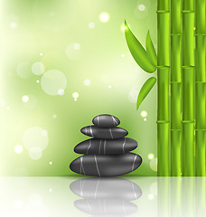 Image showing Meditative oriental background with bamboo and heap stones, spa 