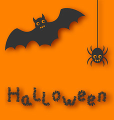 Image showing Cartoon bat and spider on orange background