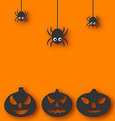 Image showing Halloween background with hanging spiders and pumpkins