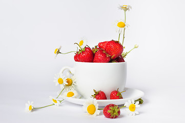 Image showing chamomiles and strawberries in the cup