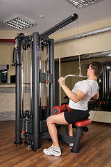 Image showing Young man doing lats pull-down workout in gym