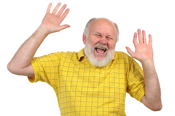 Image showing hands up, smiling senior bald man