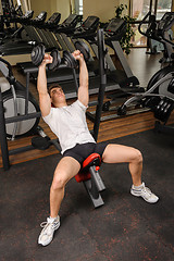 Image showing Young man doing Dumbbell Incline Bench Press workout in gym