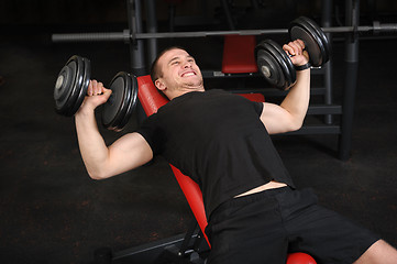 Image showing Young man doing Dumbbell Incline Bench Press workout in gym