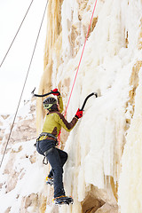 Image showing Young man climbing the ice