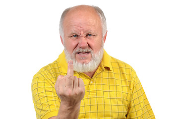 Image showing senior bald man shows fuck or middle finger