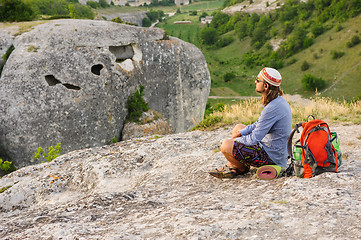 Image showing Hiking man having rest