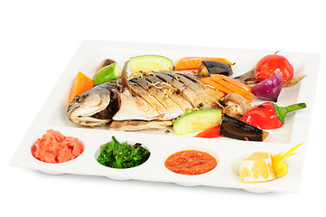 Image showing fried wish with grilled vegetables and sauces