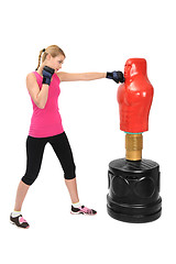 Image showing Young Boxing Lady with Body Opponent Bag Mannequin