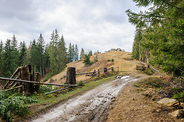 Image showing Dirty road and single house near the forest