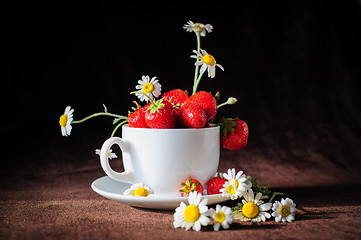 Image showing chamomiles and strawberries in the cup