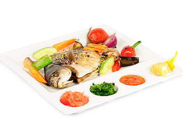 Image showing fried wish with grilled vegetables and sauces