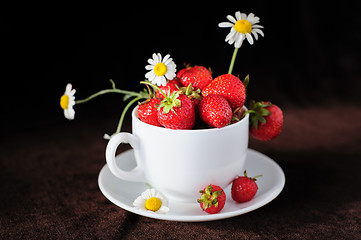 Image showing chamomiles and strawberries in the cup