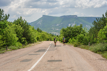 Image showing Two hiking people on the road