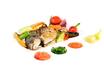 Image showing fried wish with grilled vegetables and sauces